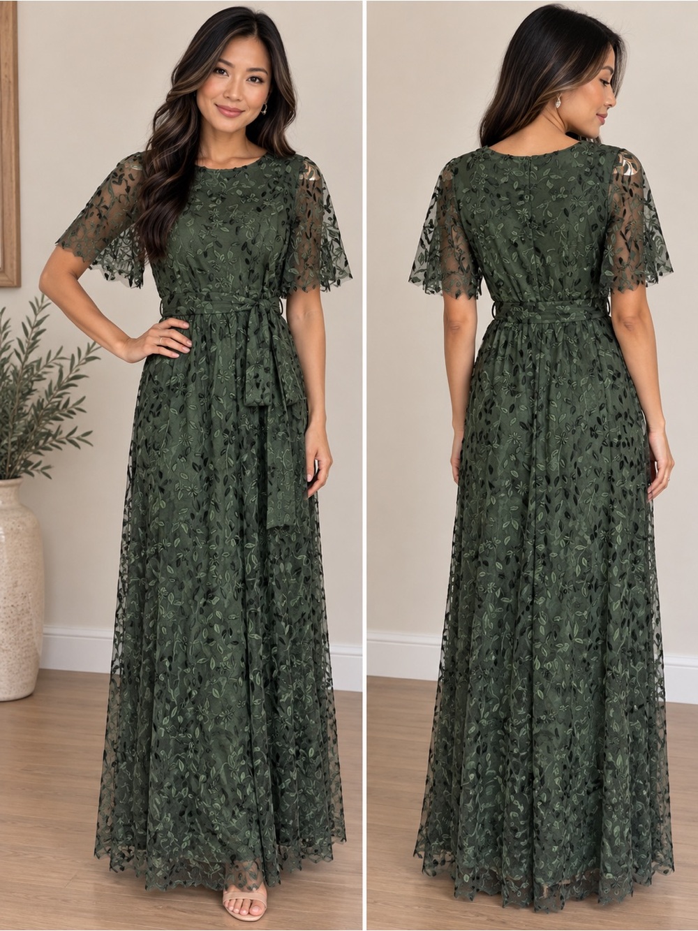 Baltic Born Olive Green Lace Maxi Dress with Tie Waist